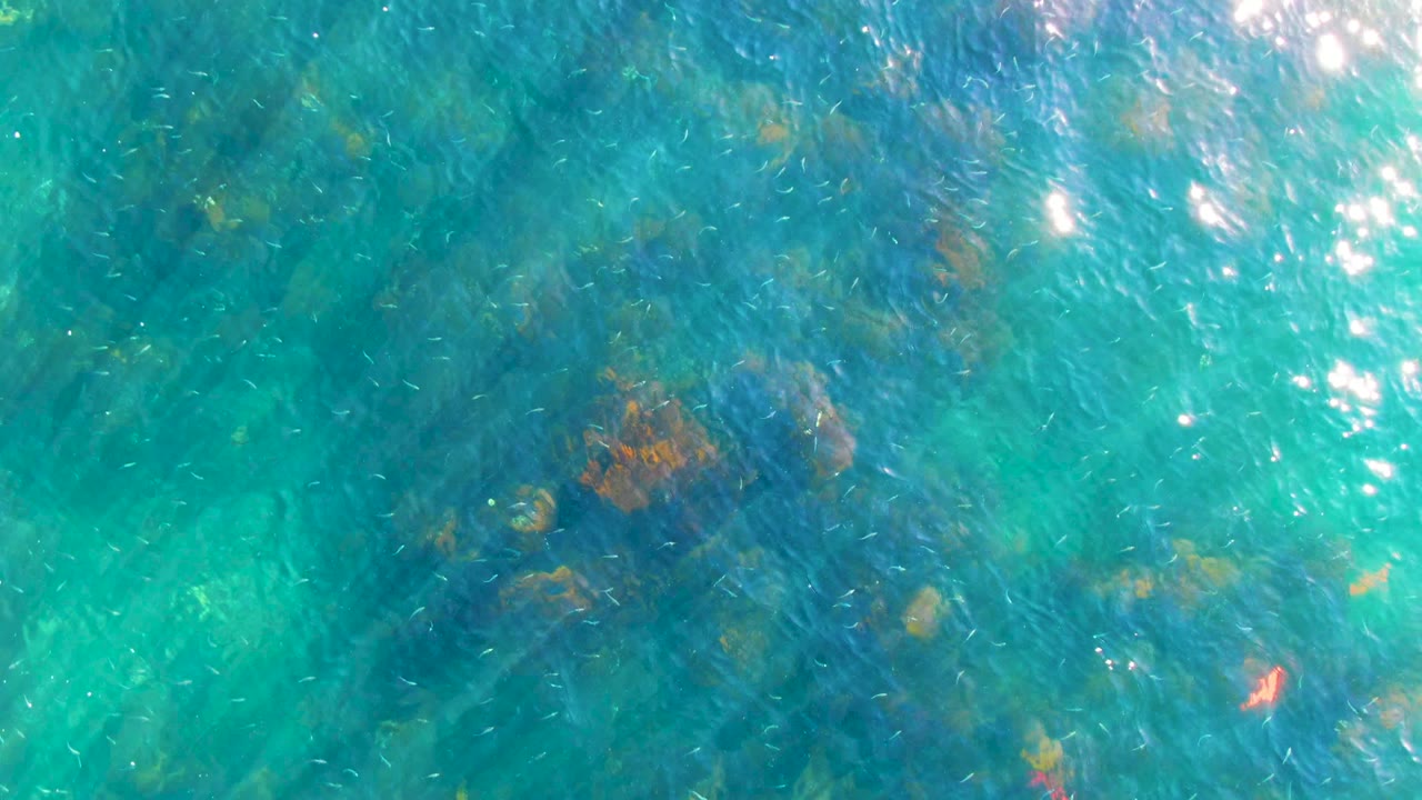 Overhead view of turquoise water in La Bocana, Baja California Sur, with submerged rock patches, surface ripples, bright sunlight reflections, and no visible people.