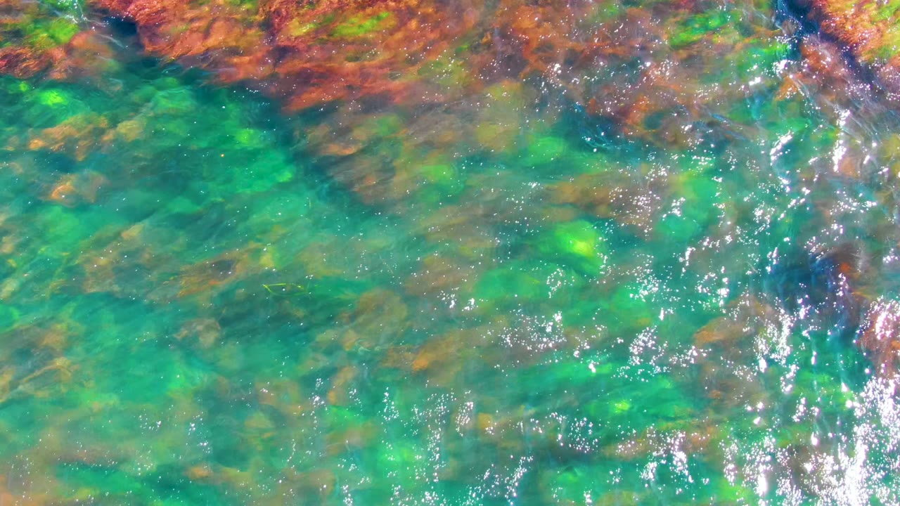 Clear shallow ocean water at La Bocana shows turquoise-green patches over brown seaweed and rock textures, with sun sparkle on the surface and no visible people.