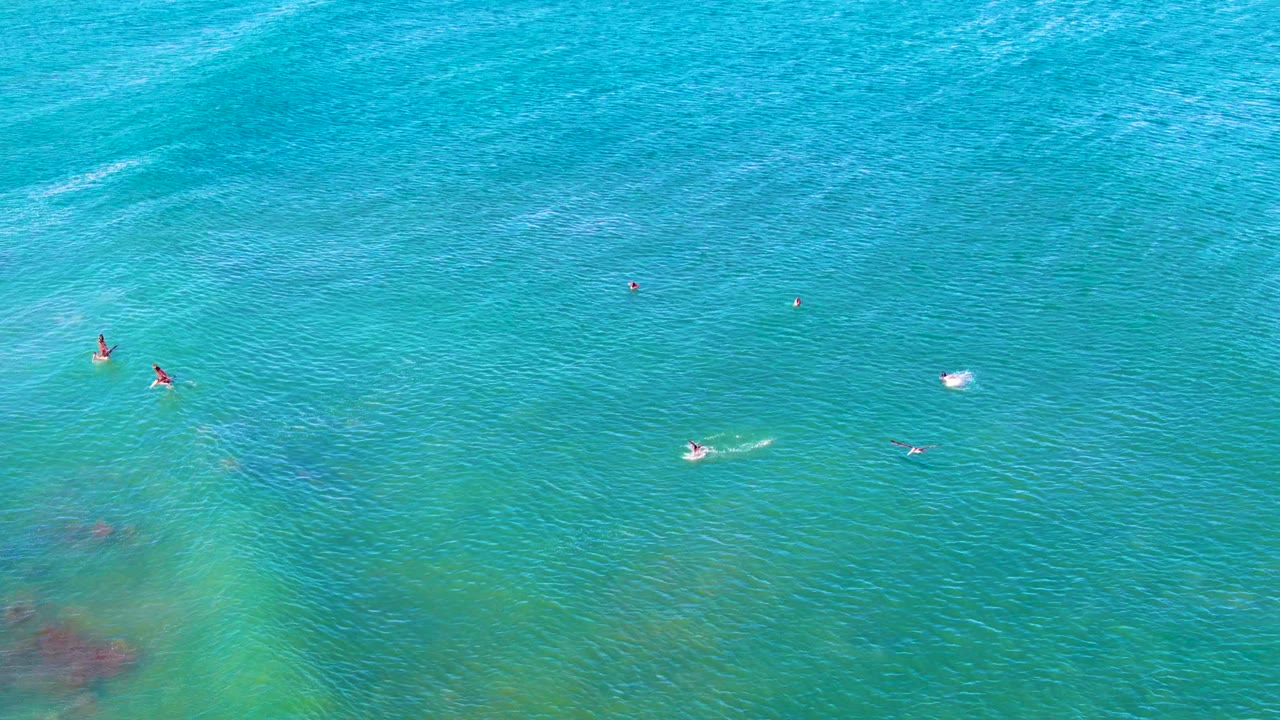 Swimmers in shallow turquoise water with small white splashes.