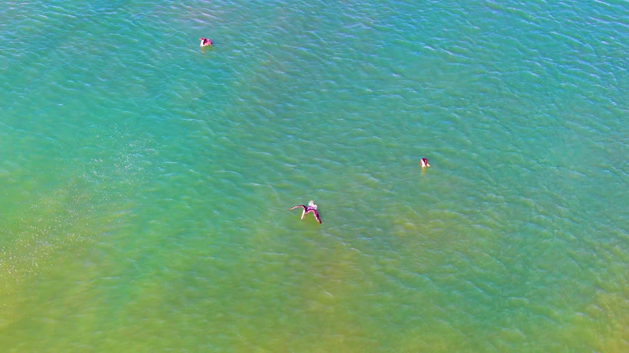 At 0:00, several small swimmers are visible from above in clear shallow ocean water at La Bocana, Baja California Sur, Mexico, with rippled turquoise and green water filling the frame.