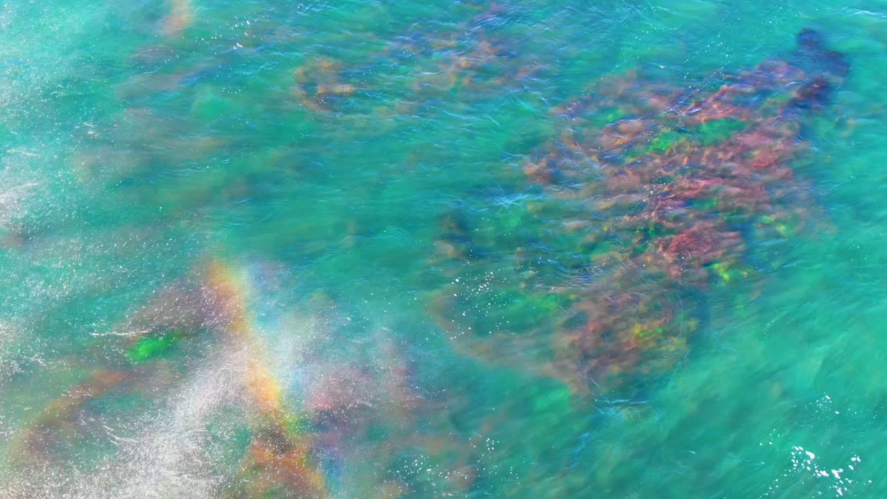 At La Bocana, Baja California Sur, clear turquoise water reveals red and green underwater seaweed while a rainbow reflection and white foam appear near the left side, with no visible people.