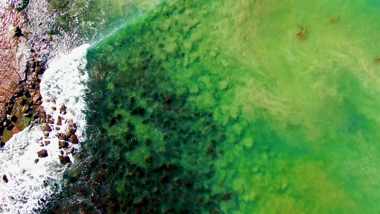 White surf breaks along rocks in green water