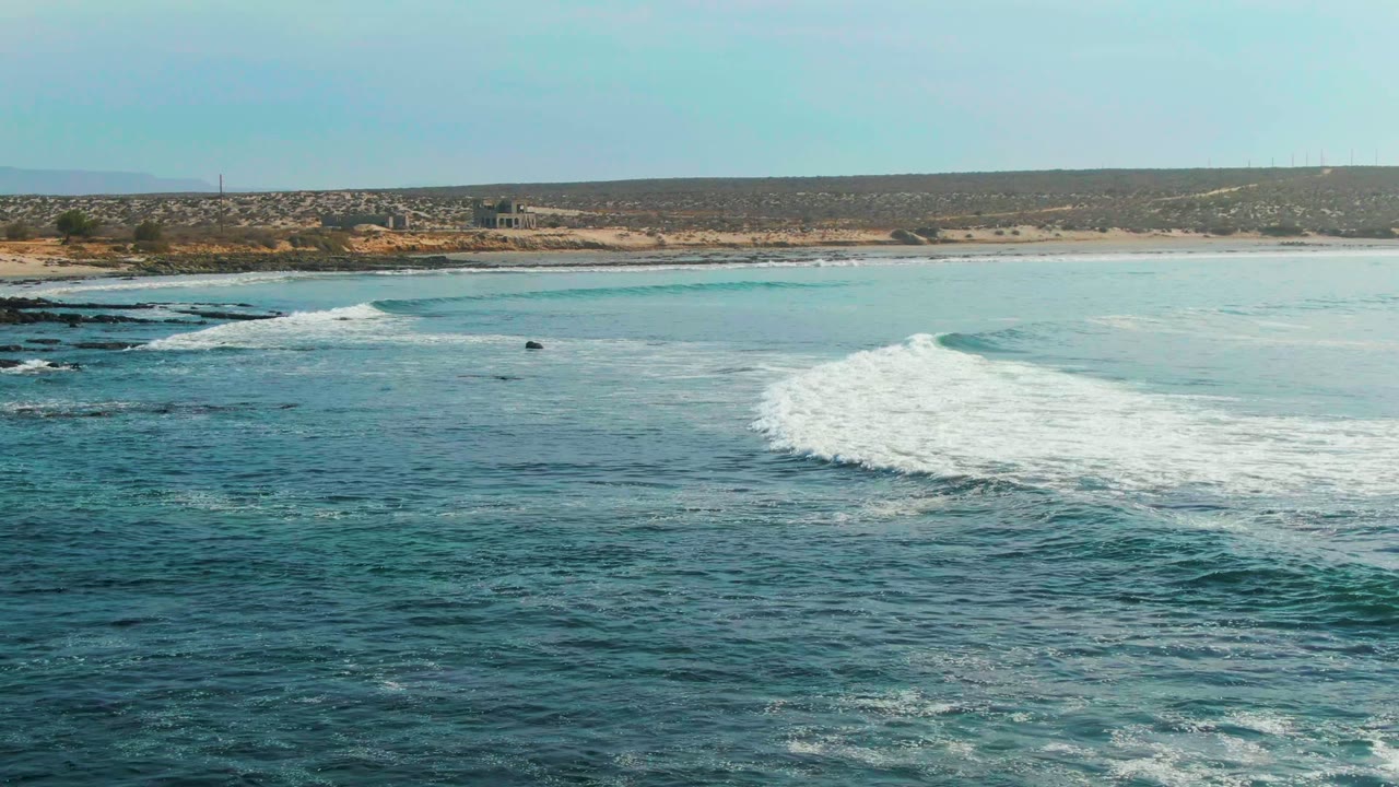 White ocean wave cresting across blue water near the coastline.