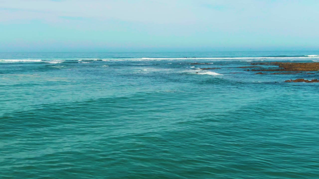 A wide La Bocana ocean frame shows rippled turquoise water across most of the image, whitecaps along the background, and dark rock patches just below the surf, with no visible people.