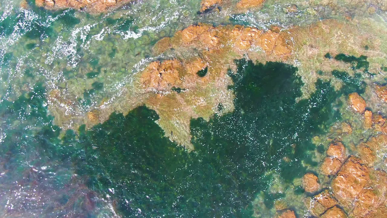 Overhead frame of La Bocana coastal water flowing across a brown rocky seabed, with green and blue patches and no visible people.