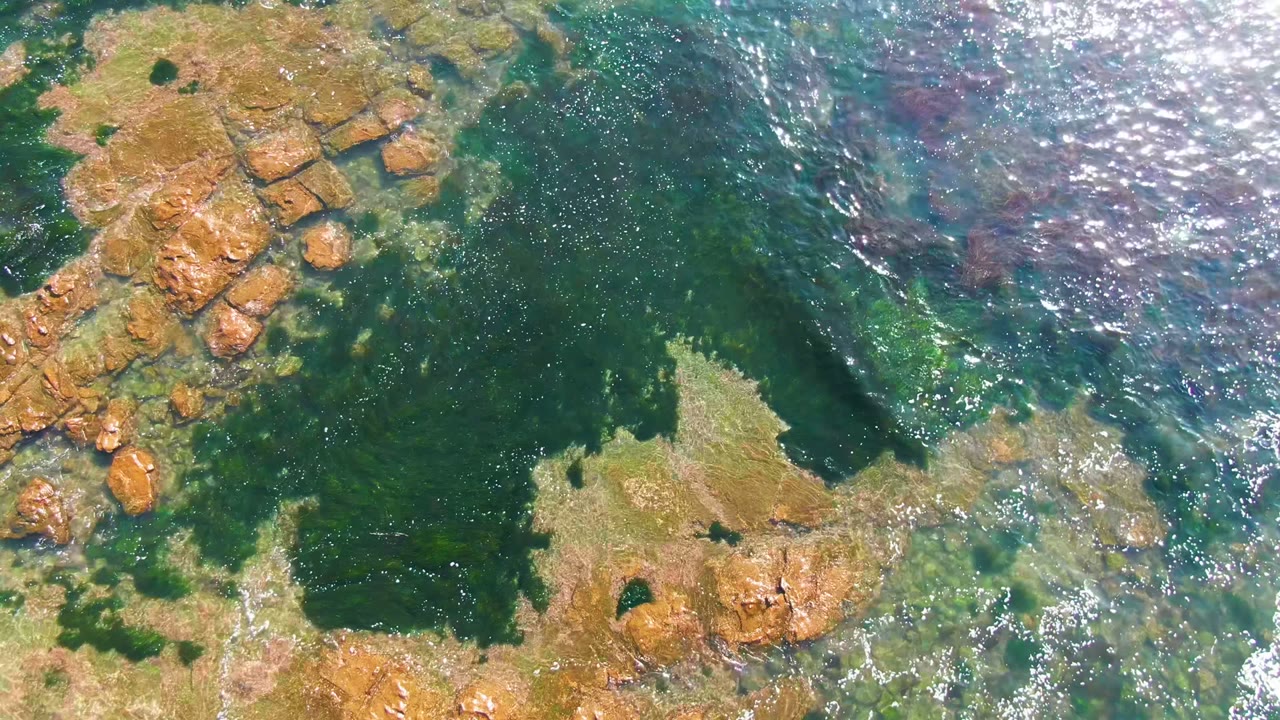 Aerial frame over La Bocana tide rocks with a large dark green pool in the center, algae-tinted shallows along the bottom, sunlit ripples at upper right, and no visible people.