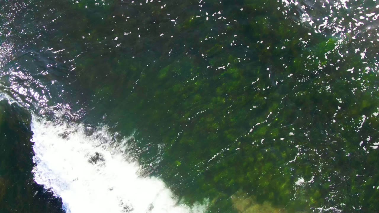 Overhead view of clear green ocean water in La Bocana, Mexico, with bright reflections, submerged algae, and white foam pushing in from the lower left, no visible people.