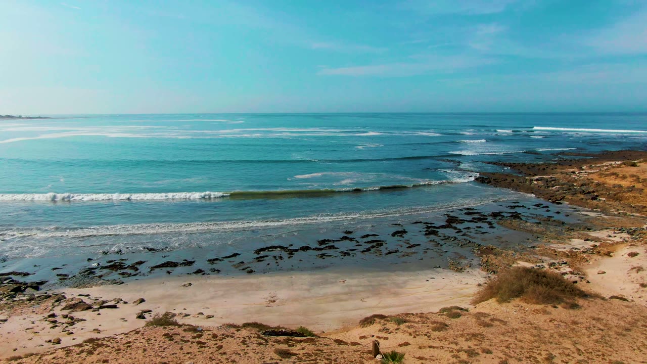 La Bocana shoreline with a brighter band of breaking surf across the midground, exposed dark rocks near the sand, dry tan ground, and no visible people.