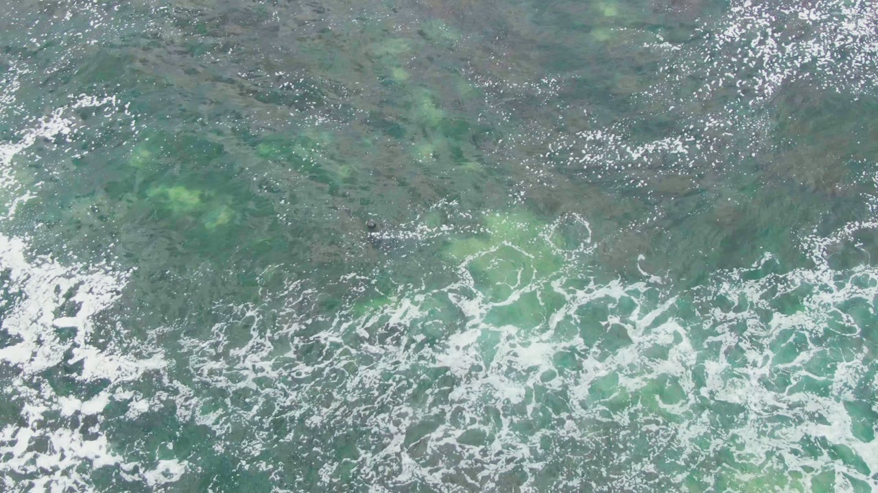 Clear shallow sea with foam line and a small person in the water.