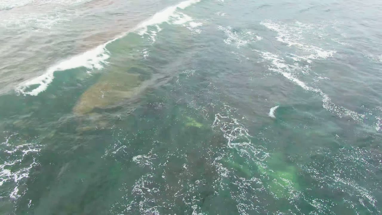 Overhead view in La Bocana, Baja California Sur, Mexico, showing green-blue ocean water with white foam at the top edge and a whale shape faintly visible beneath the surface, with no visible people.