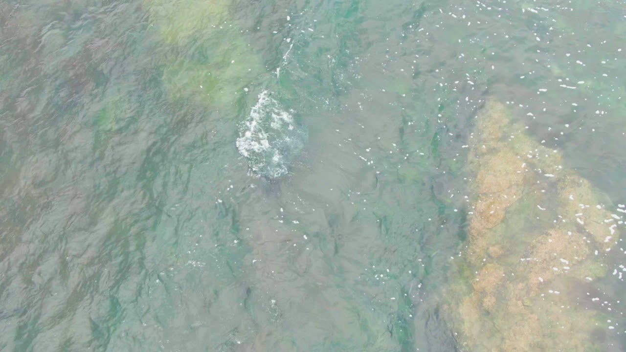 Top-down view of shallow water in La Bocana, Baja California Sur, with pale submerged rocks, green-blue water, surface sparkle, and no visible people.