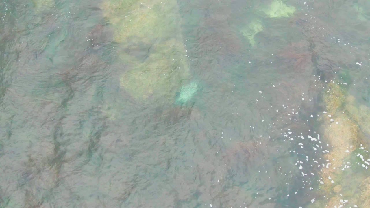 Rippling water with tan rocks and small foam flecks.