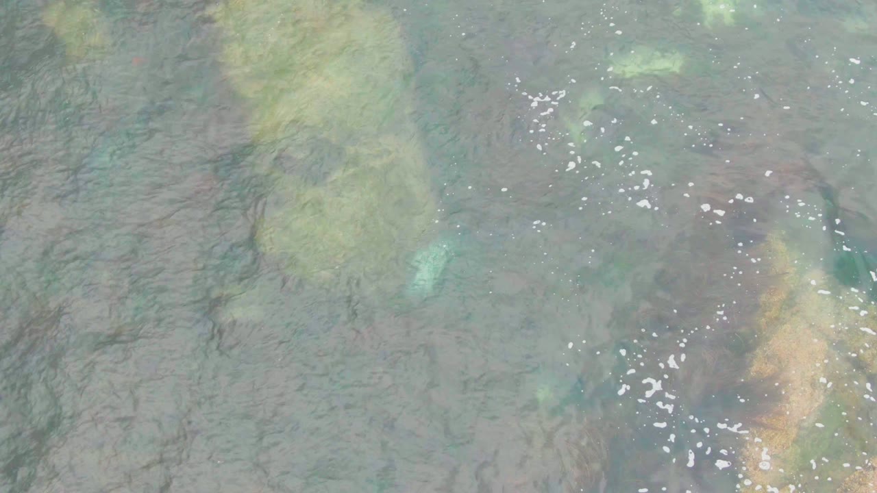 Clear shallow ocean water in La Bocana, Baja California Sur shows a rocky seabed with muted green and tan patches, scattered white foam, and no visible people.