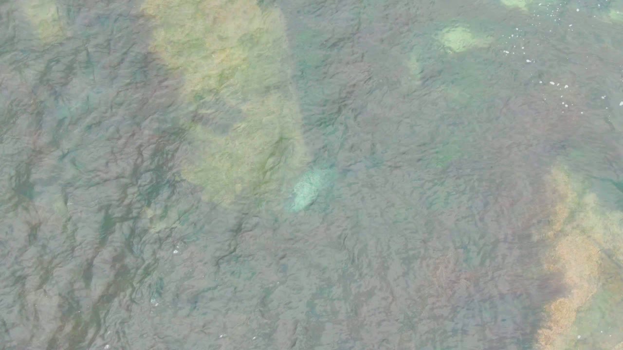 Aerial shallow water with dark seabed lines and pale foam specks.