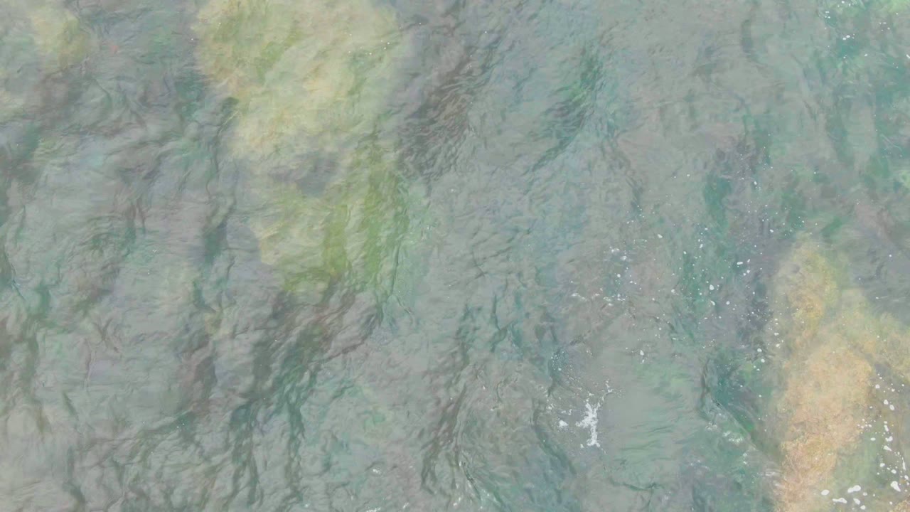 Blue-green shallow water with dark underwater rock patterns.