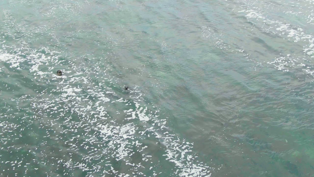 Small swimmer figures in rippled turquoise water with bright foam bands.