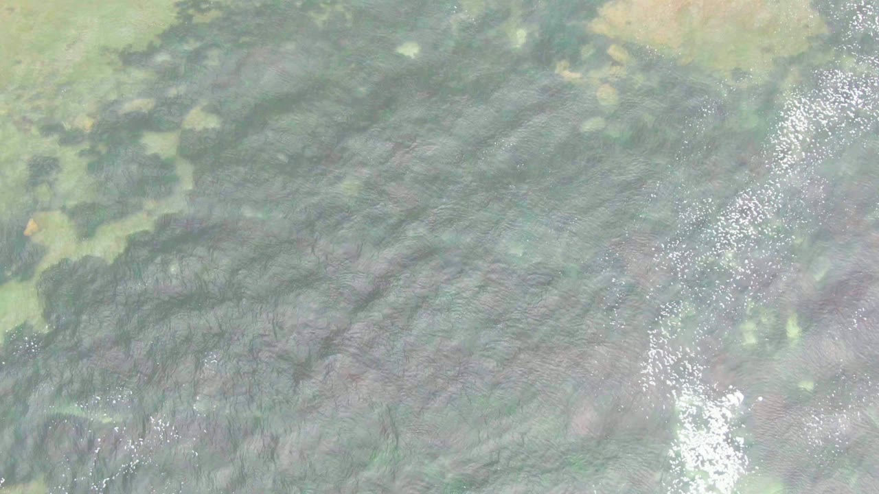 Top-down frame from La Bocana showing mottled green-gray water, darker submerged areas, small pale patches, white glints, and no visible people.