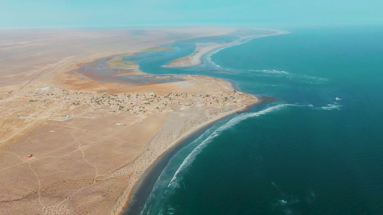 High aerial view of La Bocana with brown desert land on the left, a small coastal settlement near center, the lagoon beyond it, ocean water on the right, and no visible people.