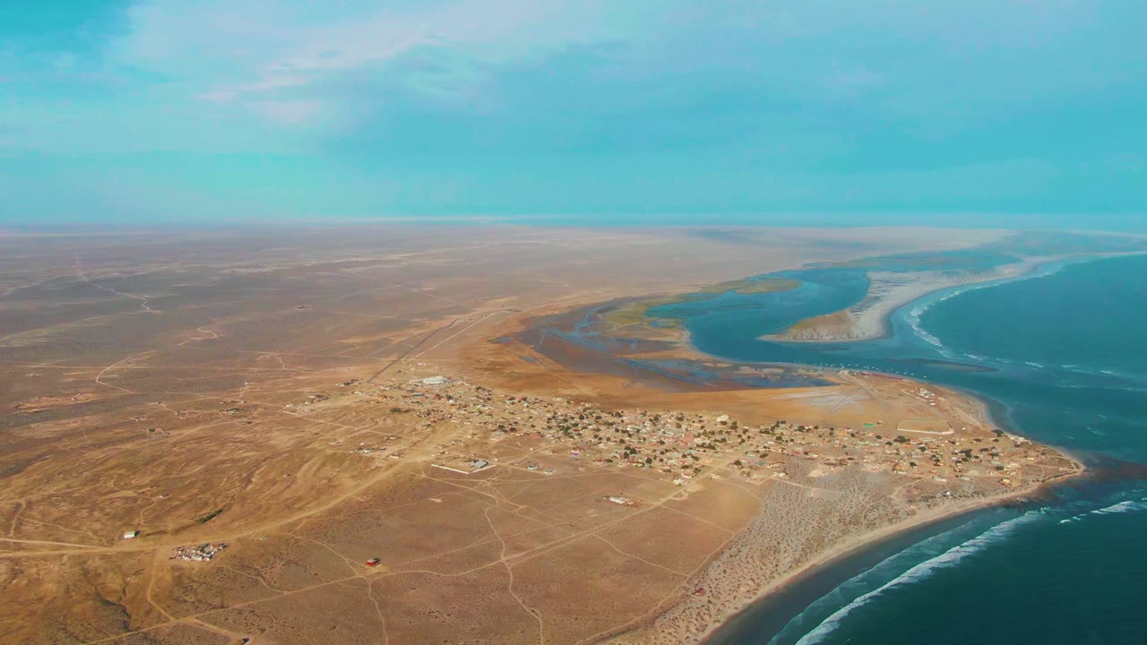Wide drone view over La Bocana showing clustered low buildings on dry terrain, a broad lagoon mouth with sandbars, blue ocean water, and no visible people.
