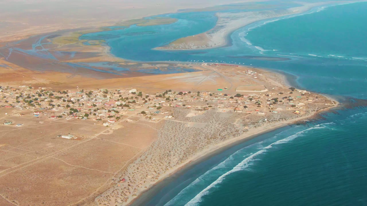 Aerial view over La Bocana, Baja California Sur, showing a small coastal village on tan desert ground between turquoise ocean and lagoon water, with no visible people.