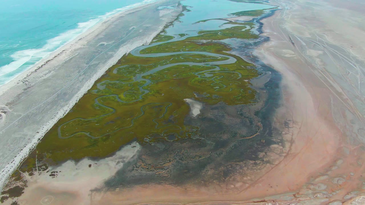 Green marsh channels bordered by surf, beach, and tidal flats.