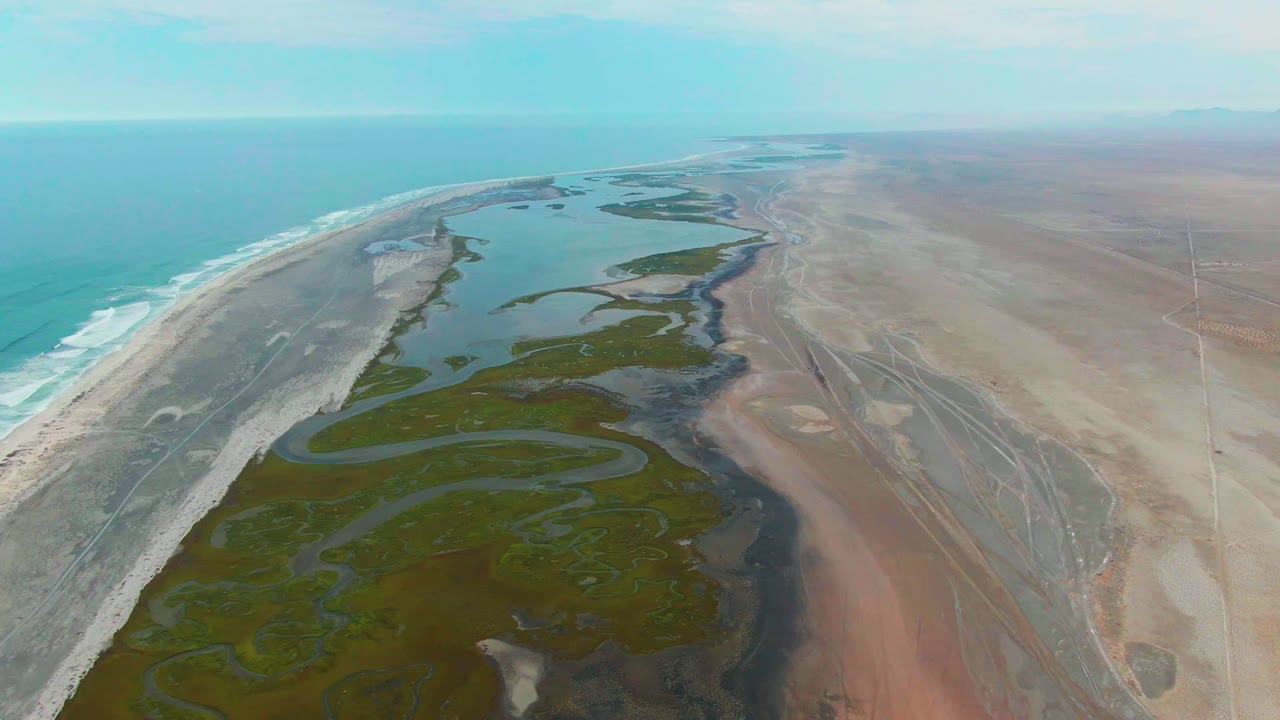 High aerial view of wetland channels beside a sandy ocean shoreline