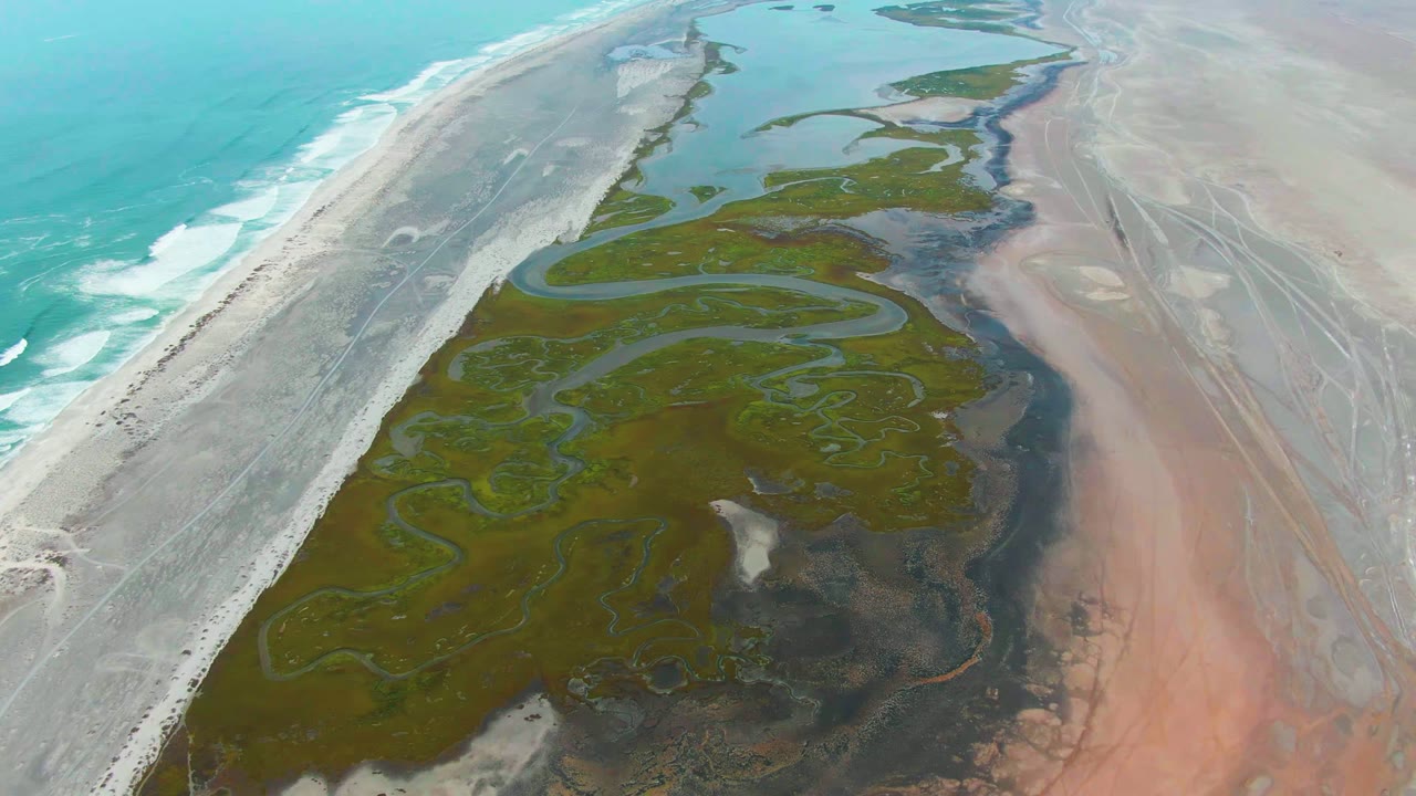 High aerial view at Punta Abreojos showing the surf line pressed against a pale beach, green algae across winding tidal channels, darker wet sand patches, and no visible people.