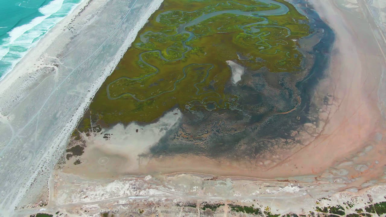 Punta Abreojos aerial frame showing the surf edge, pale barrier strip, dense green lagoon vegetation, branching channels, dark mudflat, pink-tan shallow water, and no visible people.