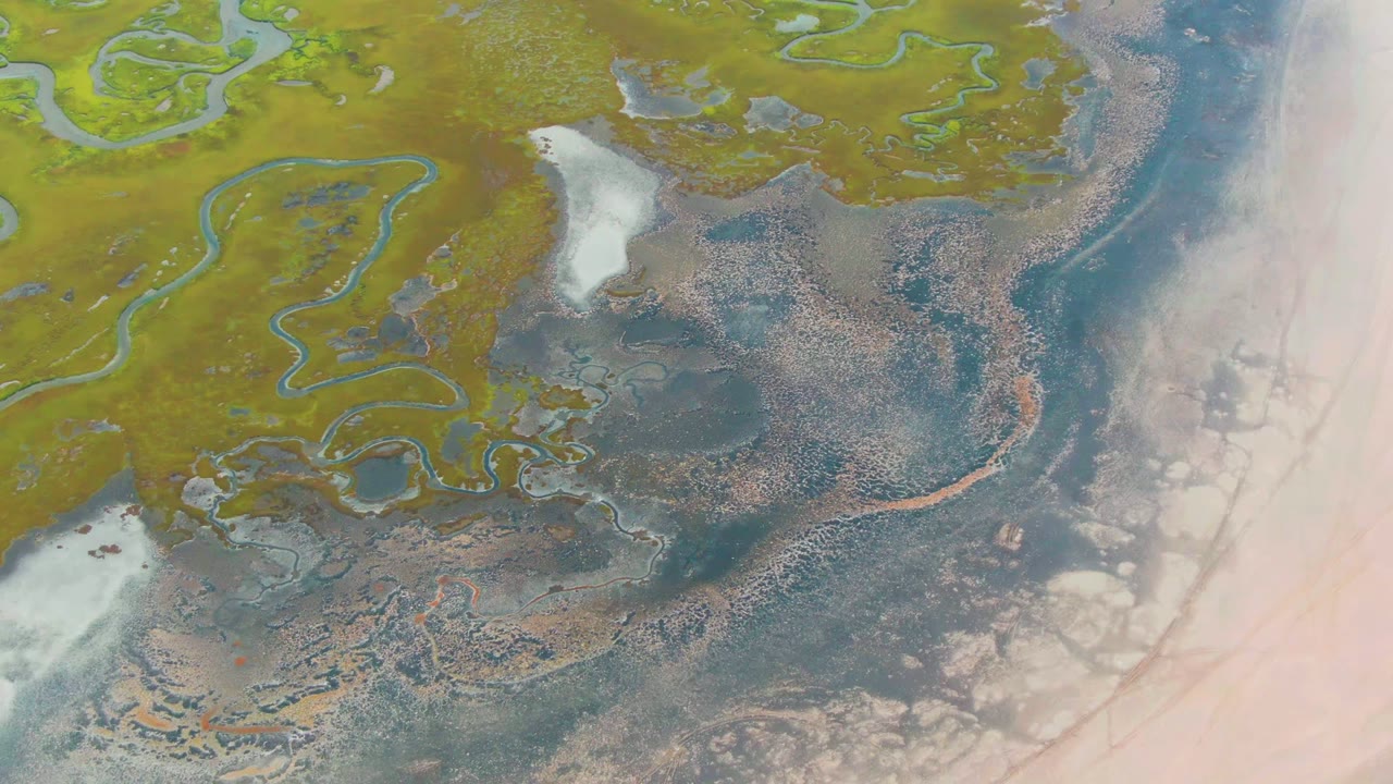 A high aerial view over Punta Abreojos, Baja California Sur shows green wetland terrain, winding blue channels, pale flats on the right, darker water pools, and no visible people.