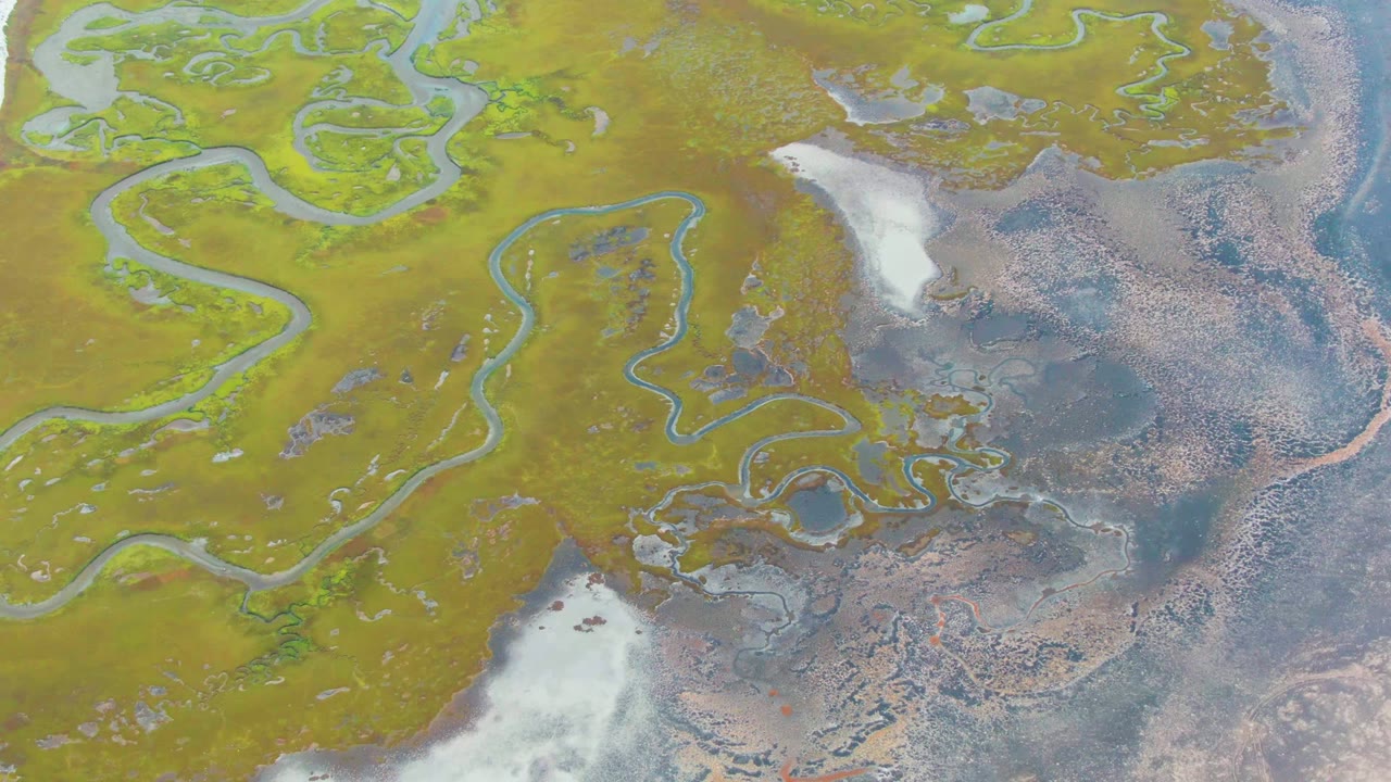 Overhead frame from Punta Abreojos, Baja California Sur, showing winding pale water channels through green wetlands beside gray-brown flats and white ice or snow patches, with no visible people.