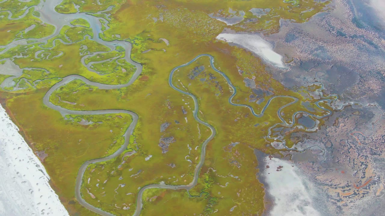 Aerial wetland channels running through green flats beside gray wet terrain.
