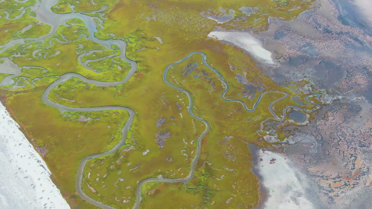 Top-down Punta Abreojos wetland frame with a prominent stream loop through green marsh, white icy margin, gray-brown wet ground, and no visible people.