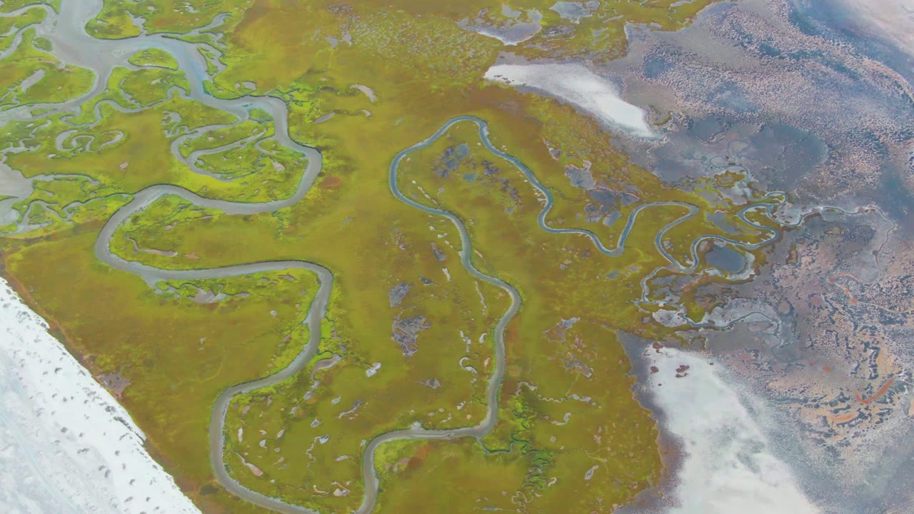 Overhead view of Punta Abreojos wetland terrain with green vegetation, narrow winding streams, pale snow or ice patches at the lower edge, gray wet ground to the right, and no visible people.
