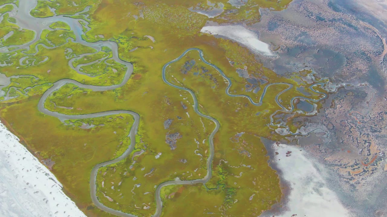Aerial wetland channels crossing green and gray terrain