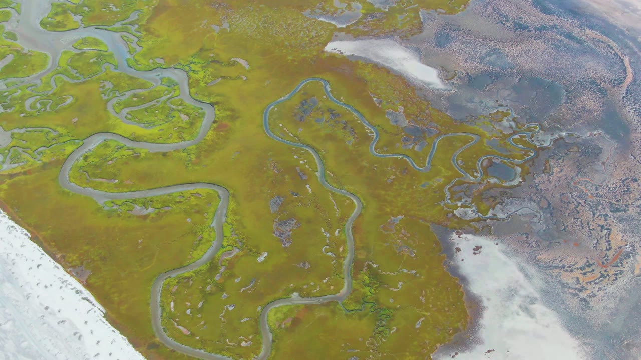 Overhead Punta Abreojos wetland frame with a sinuous stream on the left, narrow blue-gray channels across the middle, pale cold patches below, mottled gray ground at right, and no visible people.