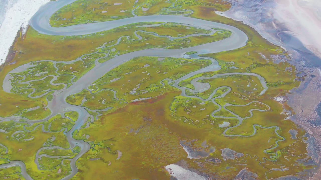 Overhead view of Punta Abreojos wetlands in Baja California Sur, with looping gray-blue water channels, green-brown vegetation, white snow or ice along the left edge, and no visible people.