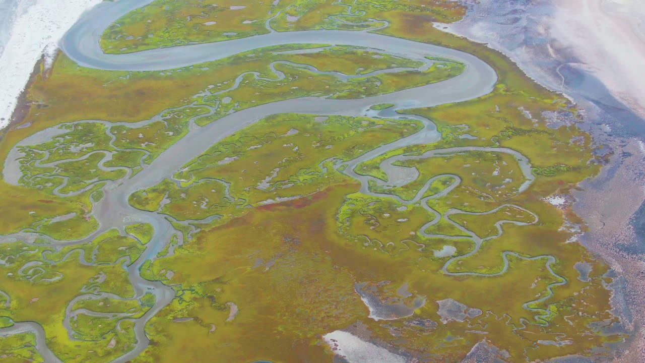 Aerial view over Punta Abreojos marshland, showing a broad curved waterway near the top, smaller winding channels through green-brown ground, pale snow or ice at the upper left, and no visible people.