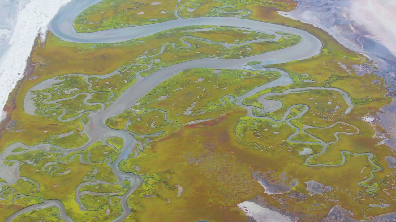 Aerial frame in Punta Abreojos showing the river sweeping across the upper frame, looping side channels through the lower right marsh, and no visible people.