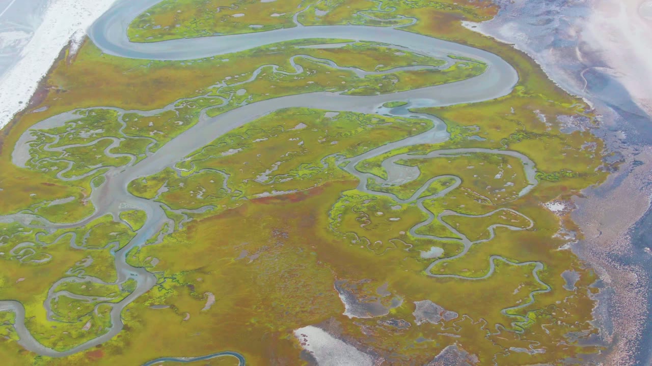 Overhead marsh landscape with broad curved water channel and smaller side channels.