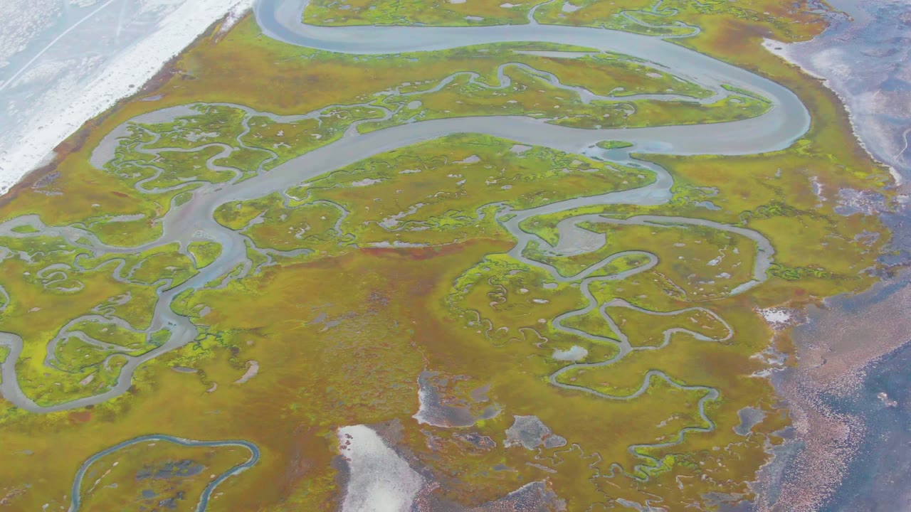 Meandering river channel across green brown marsh