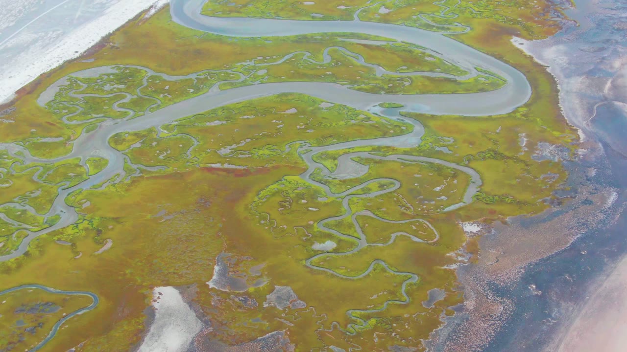 Drone-like aerial frame over Punta Abreojos wetlands, with pale blue channels cutting through green vegetation, darker brown muddy areas at the right edge, and no visible people.