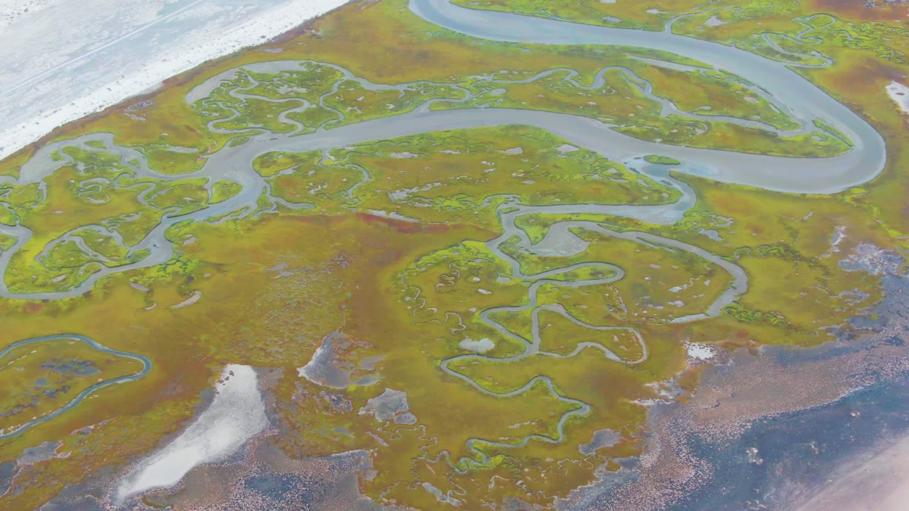 Aerial view of marsh channels crossing green-brown wetland beside ice and water.