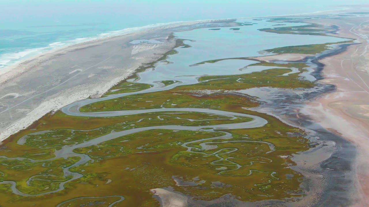 Aerial view over Punta Abreojos wetlands where winding channels cross green marsh beside a sandy beach and turquoise ocean, with no visible people.