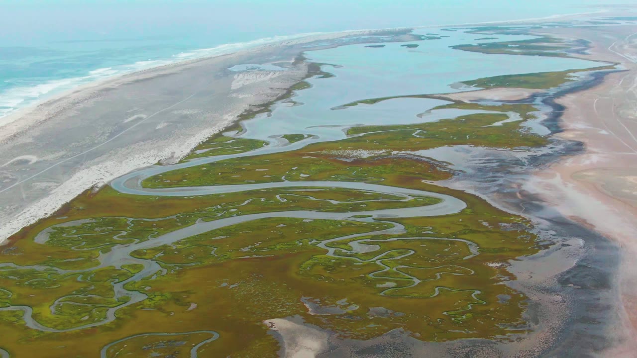 Drone view of green wetland channels beside a long sandy coast.