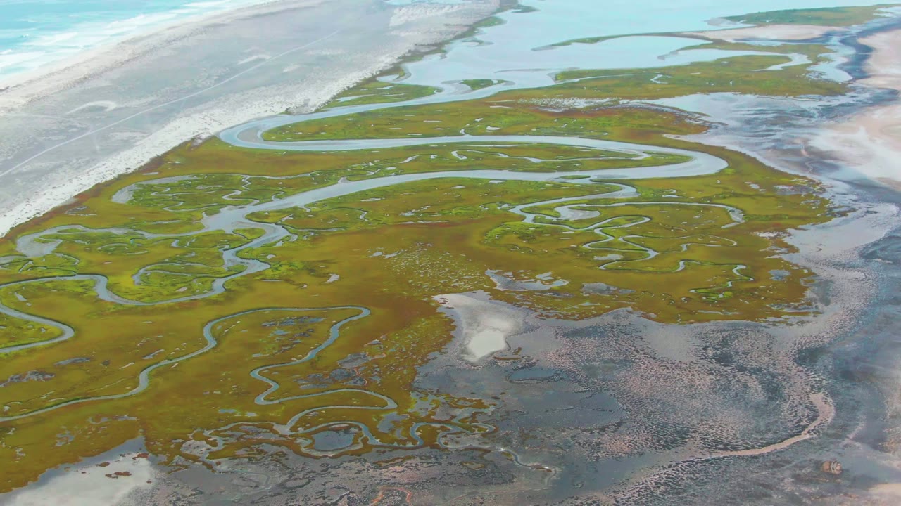 A high aerial frame over Punta Abreojos shows green tidal marsh crossed by narrow winding water channels, pale mudflat edges, shallow blue water, and no visible people.