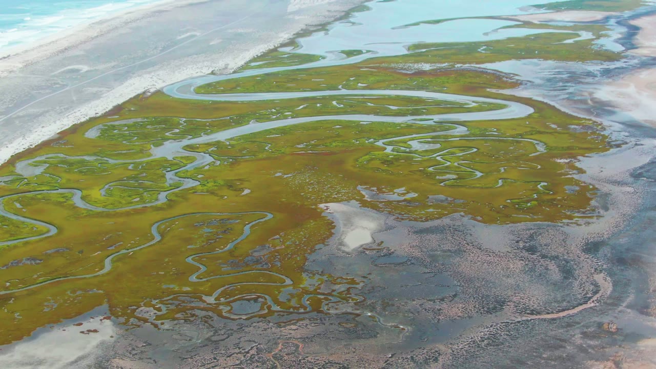 An aerial frame over Punta Abreojos shows meandering wetland channels, moss-green marsh areas, gray-brown mudflat texture, pale shallow water, and no visible people.