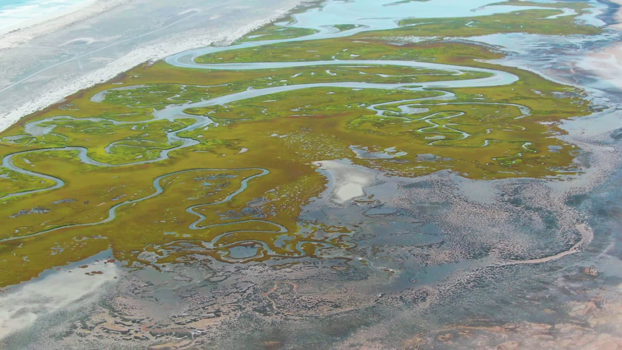 Opening aerial frame over Punta Abreojos wetland, showing green marsh, pale sandy flats, muddy shallows, and no visible people.