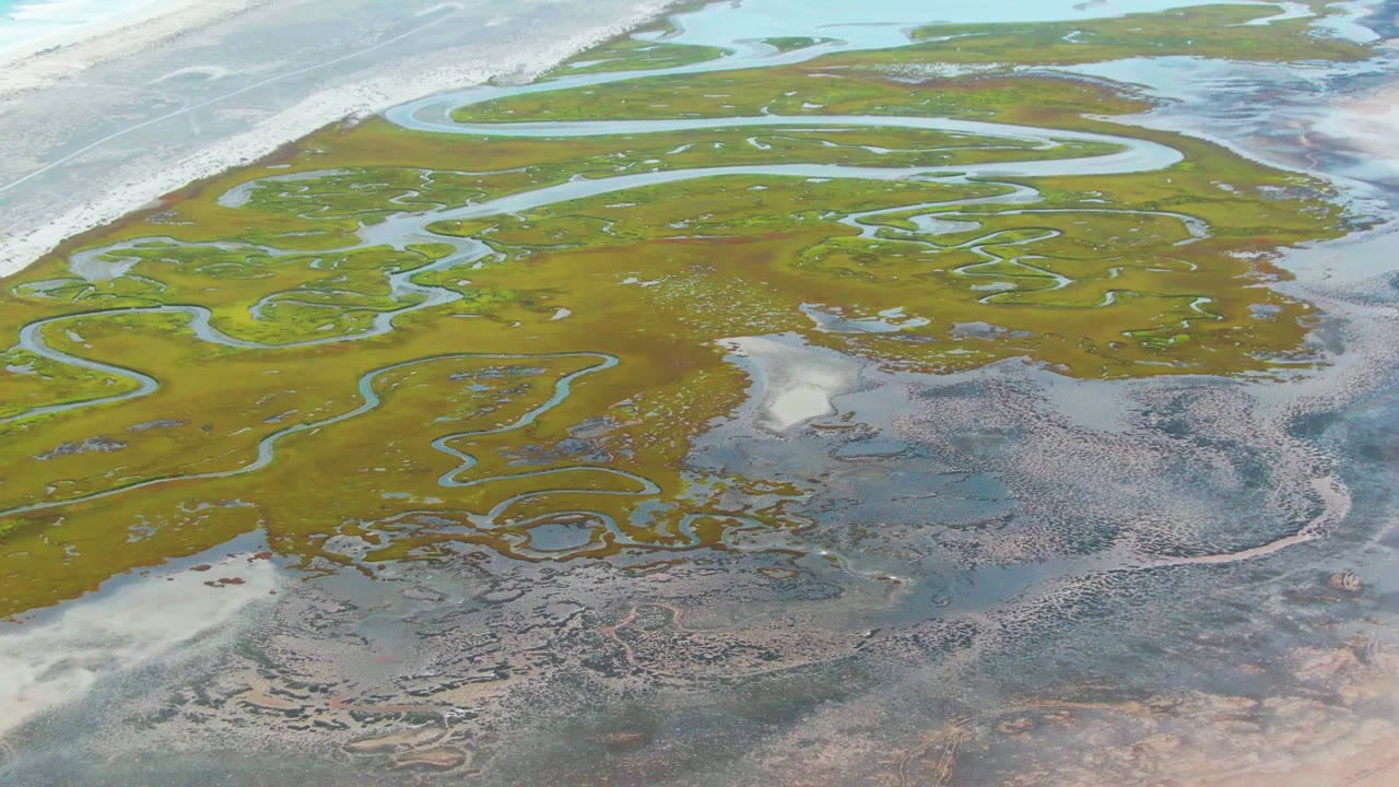 Two seconds into the clip, the Punta Abreojos wetland remains framed from above with serpentine blue channels, exposed flats, and no visible people.