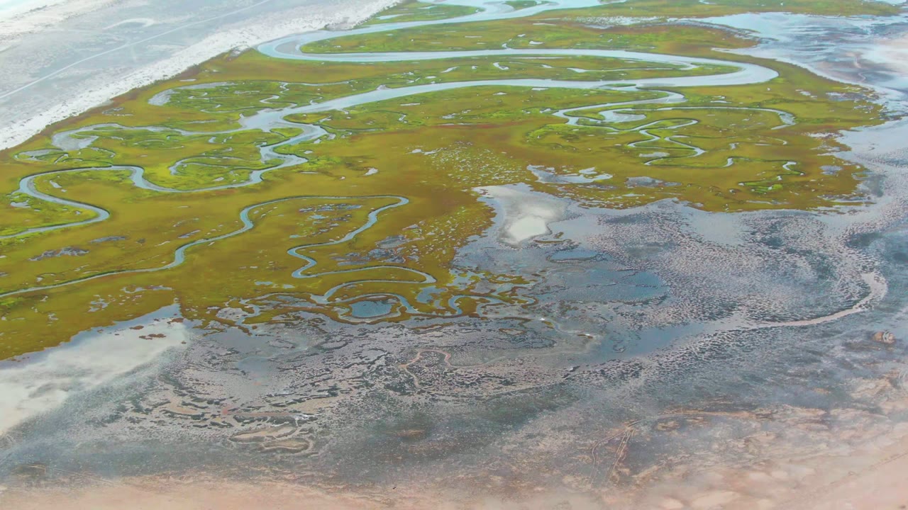 Aerial opening frame over Punta Abreojos, Mexico, showing green wetland channels above gray tidal mud and a pale sandy edge, with no visible people.