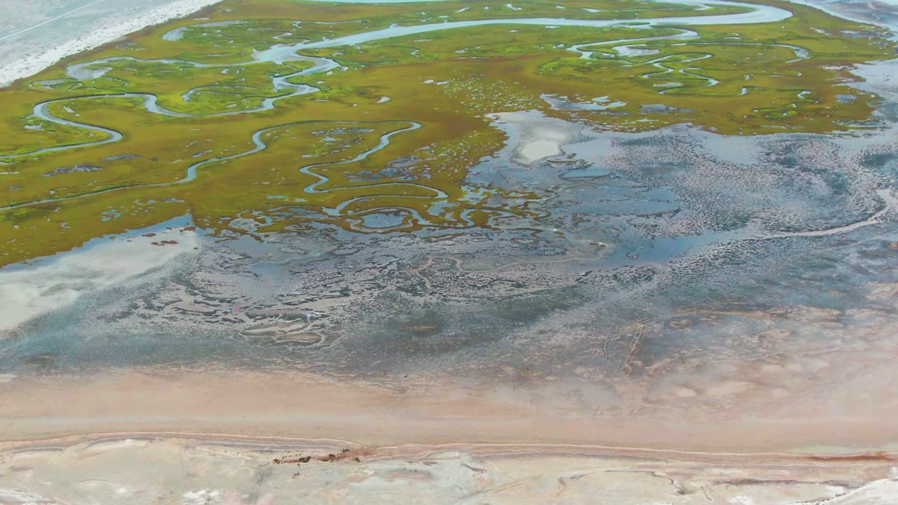 Marshland with winding blue channels beside shallow tide water.